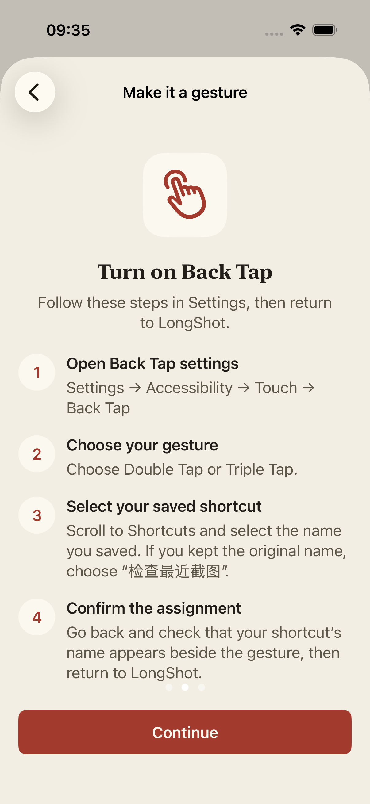 English App guide preview with Back Tap text steps, not system Settings