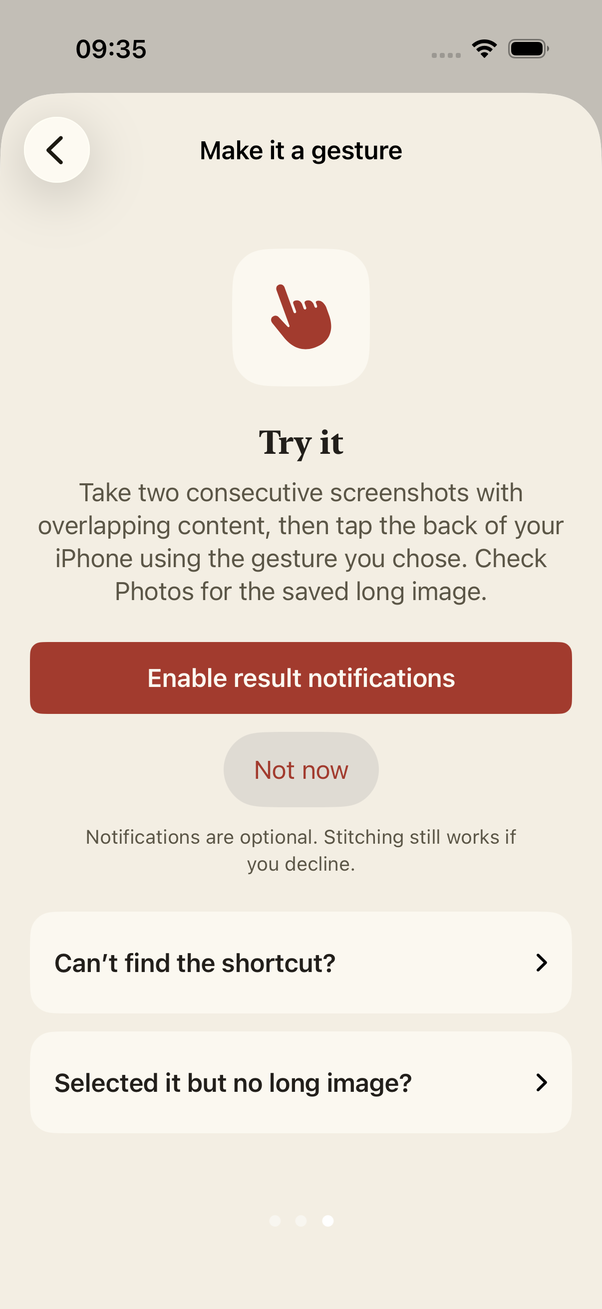English App guide preview for trying the gesture and optional notifications