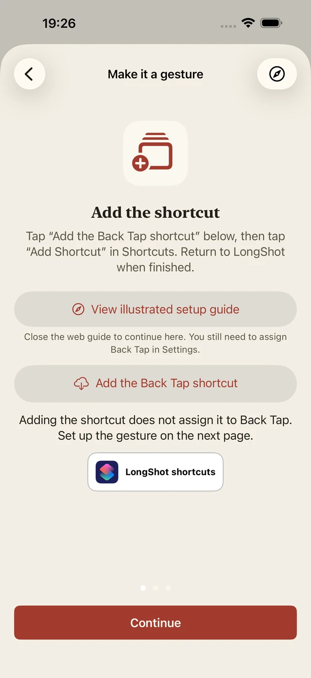 English App guide preview for adding the shortcut. LongShot App guide preview · iOS 26.2 Simulator · September 6, 2026. Not the system Settings app; appearance may vary by version.