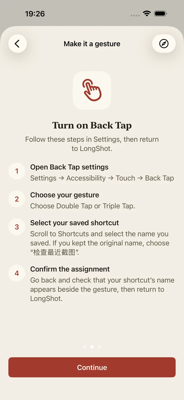 English App guide preview with Back Tap text steps, not system Settings. LongShot App guide preview · iOS 26.2 Simulator · September 6, 2026. Not the system Settings app; appearance may vary by version.