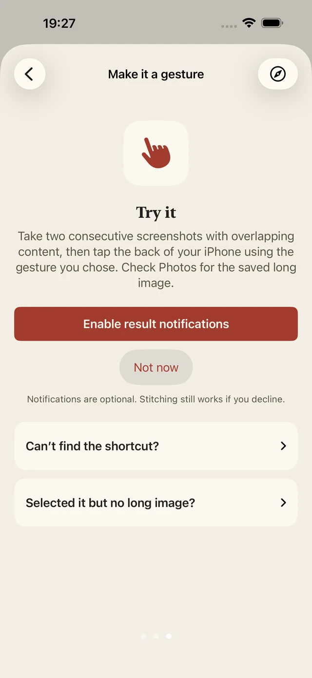 English App guide preview for trying the gesture and optional notifications. LongShot App guide preview · iOS 26.2 Simulator · September 6, 2026. Not the system Settings app; appearance may vary by version.