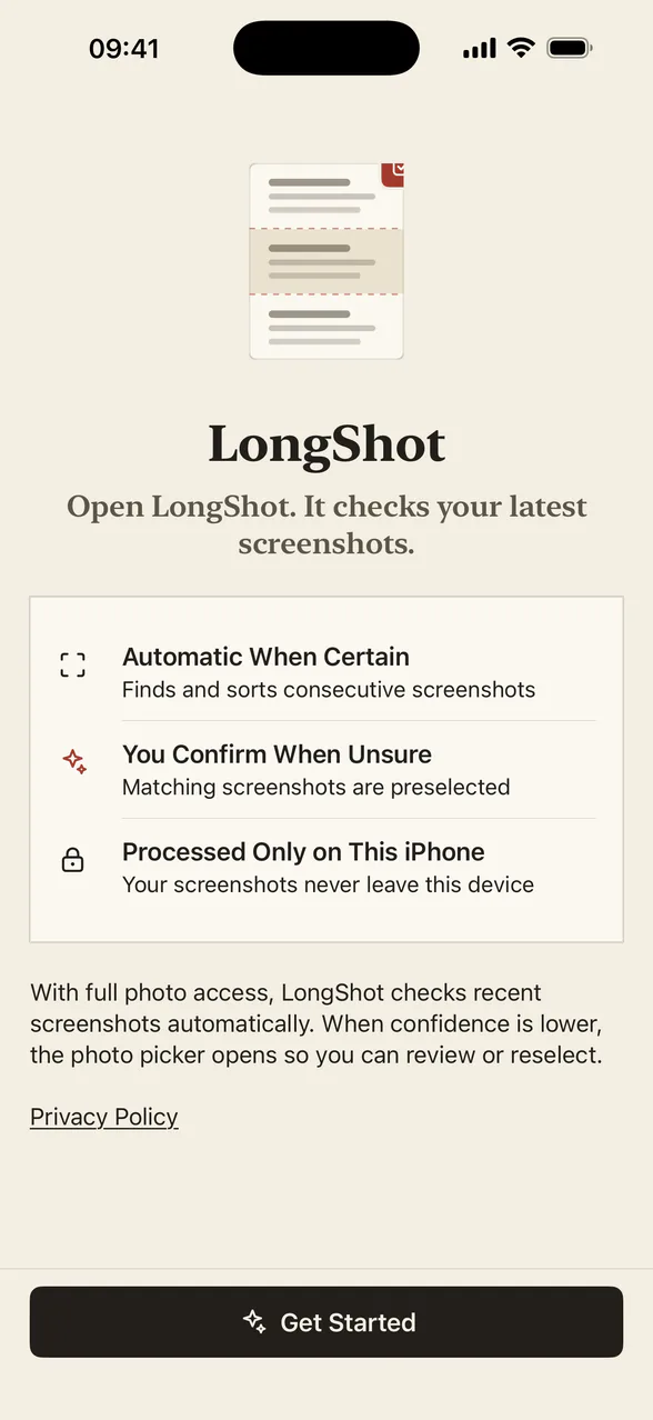 LongShot first-use welcome and Photos access screen